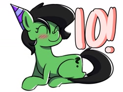 Size: 1600x1200 | Tagged: artist needed, safe, derpibooru import, oc, oc only, oc:anon filly, blushing, female, filly, happy birthday mlp:fim, hat, mlp fim's tenth anniversary, party hat, simple background, smiling, solo, white background