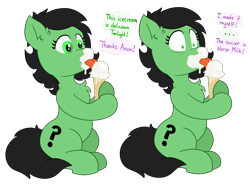 Size: 4032x3024 | Tagged: artist needed, safe, derpibooru import, oc, oc only, oc:anon filly, comic, dialogue, female, filly, food, ice cream, implied lactation, simple background, solo, transparent background