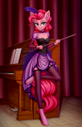 Size: 1502x2313 | Tagged: safe, artist:setharu, derpibooru import, pinkie pie, anthro, earth pony, unguligrade anthro, adorasexy, alternate hairstyle, beautiful, blue eyes, blushing, breasts, choker, cleavage, clothes, collar, curtains, cute, diapinkes, dress, feather, female, fishnets, legs, looking at you, mare, musical instrument, piano, pink hair, saloon dress, saloon pinkie, sexy, skirt, smiling, solo, solo female, stupid sexy pinkie