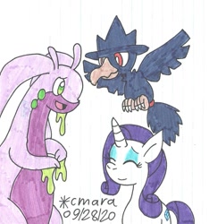 Size: 1130x1208 | Tagged: safe, artist:cmara, derpibooru import, rarity, bird, crow, pony, unicorn, crossover, eyes closed, eyeshadow, female, goodra, makeup, mare, murkrow, open mouth, pokémon, simple background, traditional art, video game crossover, white background