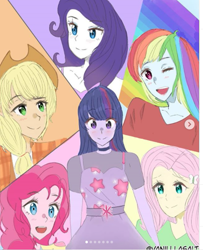 Size: 485x597 | Tagged: safe, artist:leoooo, artist:vanilllasalt, derpibooru import, applejack, fluttershy, pinkie pie, rainbow dash, rarity, twilight sparkle, equestria girls, appledash, female, happy birthday mlp:fim, humane five, humane six, lesbian, mlp fim's tenth anniversary, shipping