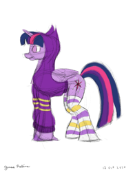 Size: 1100x1400 | Tagged: safe, artist:rockhoppr3, derpibooru import, twilight sparkle, twilight sparkle (alicorn), alicorn, pony, barbara gordon, clothes, crossover, dc superhero girls, hoodie, socks, solo, tara strong, thigh highs, unshorn fetlocks, voice actor joke