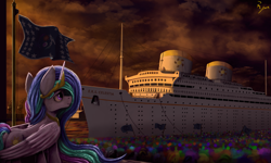 Size: 3669x2200 | Tagged: safe, artist:ryanmangaming, derpibooru import, princess celestia, alicorn, pony, equestria at war mod, 1930s, atmospheric, cheering, cloud, cloudy, crane, crowd, digital painting, flag, flag pole, harbor, high res, looking at something, ocean, ocean liner, painting, realistic, scenery, scenery porn, ship, smiling, solo focus, sunset, wallpaper