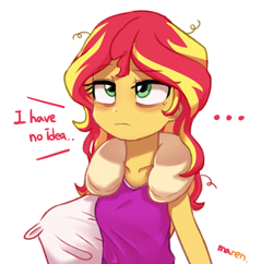 Size: 2500x2417 | Tagged: safe, artist:maren, derpibooru import, sunset shimmer, equestria girls, ..., clothes, dialogue, female, high res, neck pillow, pillow, signature, simple background, solo, tired, white background