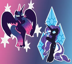 Size: 1024x913 | Tagged: safe, artist:lolitablue, derpibooru import, nightmare rarity, twilight sparkle, alicorn, semi-anthro, unicorn, cutie mark background, duo, female, nightmare twilight, nightmarified