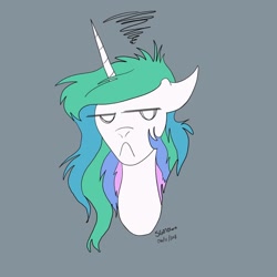 Size: 1080x1080 | Tagged: safe, artist:stargazerseven, derpibooru import, princess celestia, alicorn, pony, bust, celestia is not amused, female, frown, gray background, grumpy, mare, messy mane, missing accessory, signature, simple background, solo, unamused