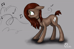 Size: 3190x2114 | Tagged: safe, artist:cvanilda, derpibooru import, oc, oc only, earth pony, pony, choker, earth pony oc, gray background, music notes, signature, simple background, solo