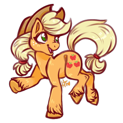 Size: 1280x1280 | Tagged: safe, artist:hannahtailz, derpibooru import, applejack, earth pony, pony, cowboy hat, female, hat, looking back, mare, no pupils, open mouth, simple background, solo, transparent background, underhoof, unshorn fetlocks