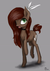 Size: 2480x3508 | Tagged: safe, artist:cvanilda, derpibooru import, oc, oc only, earth pony, pony, choker, earth pony oc, gray background, open mouth, raised hoof, signature, simple background, smiling, solo