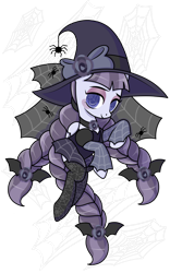 Size: 1024x1645 | Tagged: safe, artist:kb-gamerartist, derpibooru import, inky rose, pegasus, pony, spider, alternate hairstyle, blushing, bow, clothes, costume, eyeshadow, female, hair bow, halloween, halloween costume, hat, holiday, makeup, mare, nightmare night, nightmare night costume, shirt, simple background, socks, solo, spider web, stockings, thigh highs, transparent background, wingding eyes, witch, witch costume, witch hat