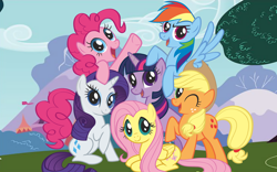 Size: 7238x4524 | Tagged: artist needed, source needed, useless source url, safe, derpibooru import, applejack, fluttershy, pinkie pie, rainbow dash, rarity, twilight sparkle, unicorn twilight, earth pony, pegasus, pony, unicorn, season 1, absurd resolution, applejack's hat, cowboy hat, cutie mark, female, group photo, group shot, hat, looking at you, lying down, mane six, mane six opening poses, mare, official, official art, one eye closed, open mouth, palindrome get, prone, raised hoof, spread wings, stetson, tree, wallpaper, wings, wink