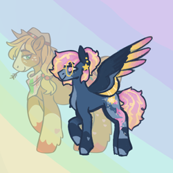 Size: 2000x2000 | Tagged: safe, artist:haru.why, derpibooru import, applejack, oc, oc:morning star, earth pony, pegasus, pony, abstract background, duo, glasses, hat, pegasus oc, straw in mouth, wings