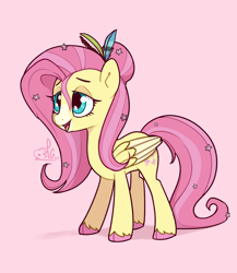 Size: 2000x2300 | Tagged: safe, artist:lilpinkghost, derpibooru import, fluttershy, pegasus, pony, alternate hairstyle, cloven hooves, colored hooves, cute, design, female, flower, flower in hair, folded wings, hair accessory, hair bun, lidded eyes, mare, open mouth, pink background, shyabetes, simple background, smiling, snip (coat marking), solo, standing, stray strand, three quarter view, two toned wings, unshorn fetlocks, wings