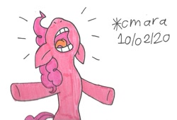 Size: 981x667 | Tagged: safe, artist:cmara, derpibooru import, pinkie pie, earth pony, pony, angry, bipedal, female, mare, open mouth, raised hoof, simple background, solo, traditional art, white background, yelling