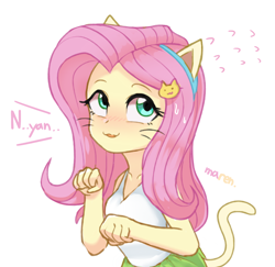 Size: 2600x2531 | Tagged: safe, artist:maren, derpibooru import, fluttershy, cat, equestria girls, blushing, cat ears, cat tail, catgirl, cute, fluttercat, hairclip, headband, high res, nya, shyabetes, simple background, solo, sweat, sweatdrops, white background