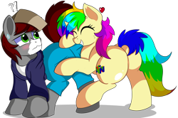 Size: 7400x4900 | Tagged: safe, artist:rainbowtashie, derpibooru import, oc, oc:khaki-cap, oc:rainbow tashie, earth pony, pony, blushing, butt, clothes, commissioner:bigonionbean, cutie mark, embarrassed, female, flank, hat, male, mare, pants, plot, simple background, stallion, sweat, transparent background, writer:bigonionbean