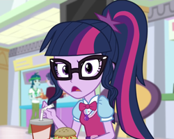 Size: 1340x1074 | Tagged: safe, derpibooru import, screencap, sci-twi, twilight sparkle, equestria girls, mirror magic, spoiler:eqg specials, burger, cropped, food, hamburger, solo