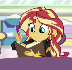 Size: 1034x1004 | Tagged: safe, derpibooru import, edit, edited screencap, editor:mycarhasamoustache, screencap, sunset shimmer, equestria girls, mirror magic, spoiler:eqg specials, book, cropped, solo