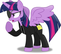 Size: 4165x3633 | Tagged: safe, artist:anime-equestria, derpibooru import, twilight sparkle, twilight sparkle (alicorn), alicorn, annoyed, clothes, disguise, eyepatch, eyepatch (disguise), female, horn, jacket, mare, simple background, solo, sticky note, transparent background, vector, wings