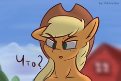 Size: 2560x1707 | Tagged: safe, artist:phlerius, derpibooru import, applejack, earth pony, pony, cyrillic, digital art, farm, my little pony, perplexed, reaction image, russian, solo, translation in description, wat (reaction image)