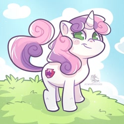 Size: 600x600 | Tagged: safe, artist:miksketched, derpibooru import, sweetie belle, pony, unicorn, cloud, cute, cutie mark, diasweetes, female, filly, looking at you, no pupils, smiling, solo, the cmc's cutie marks