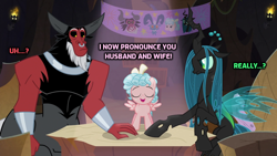 Size: 1024x576 | Tagged: safe, derpibooru import, edit, edited screencap, screencap, cozy glow, lord tirek, queen chrysalis, centaur, changeling, changeling queen, pegasus, pony, frenemies (episode), antagonist, arms, banner, beard, bow, caption, chair, changeling wings, chestplate, chrysirek, claws, crown, curly mane, cute, evil lair, facial hair, female, filly, funny, grogar's lair, hand, holes, hooves, horn, horns, image macro, implied wedding, insect wings, jewelry, joke, lair, legion of doom, log, male, marriage, muscles, nose piercing, nose ring, open mouth, piercing, regalia, shipping, small wings, straight, table, text, wedding, wings, wristband