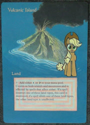Size: 1061x1470 | Tagged: artist needed, safe, applejack, earth pony, pony, applejack's hat, card, crossover, custom, female, irl, island, looking at you, magic the gathering, mare, ocean, photo, solo, text, toy, volcano