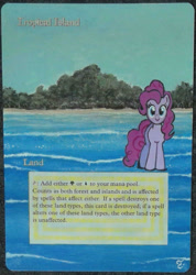 Size: 1041x1461 | Tagged: artist needed, safe, pinkie pie, earth pony, pony, crossover, custom, female, irl, island, looking at you, magic the gathering, mare, ocean, photo, solo, text, toy, water