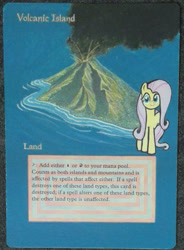 Size: 1065x1450 | Tagged: artist needed, safe, fluttershy, pegasus, pony, crossover, custom, female, irl, island, looking at you, magic the gathering, mare, photo, solo, text, toy