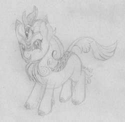 Size: 2455x2400 | Tagged: safe, artist:wapamario63, autumn blaze, kirin, pony, sounds of silence, cloven hooves, female, monochrome, open mouth, sketch, smiling, solo, traditional art