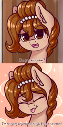 Size: 1024x2048 | Tagged: safe, artist:dsp2003, oc, oc only, oc:brownie bun, earth pony, pony, /mlp/, blep, blushing, comic, cute, dialogue, eyes closed, female, looking at you, mare, ocbetes, open mouth, parody, ponified meme, tongue, tongue out