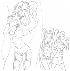 Size: 1263x1280 | Tagged: safe, artist:vytz, derpibooru import, adagio dazzle, aria blaze, sonata dusk, sunset shimmer, equestria girls, calling, clothes, costume, disguise, disguised siren, mask, masking, traditional art, undercover