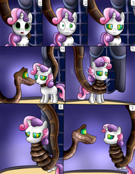 Size: 1836x2370 | Tagged: safe, artist:jerrydestrtoyer, derpibooru import, sweetie belle, pony, snake, unicorn, coils, comic, crossover, female, filly, hypnosis, hypnotized, kaa eyes, male, suspended, the jungle book, wrapped up