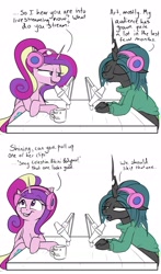 Size: 1280x2176 | Tagged: safe, artist:rocket-lawnchair, derpibooru import, princess cadance, queen chrysalis, alicorn, changeling, changeling queen, pony, clothes, comic, eyes closed, female, frown, glare, grin, headphones, implied shining armor, lidded eyes, looking up, mare, microphone, open mouth, podcast, smiling, sweater, unamused