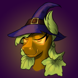 Size: 725x725 | Tagged: safe, artist:cocaine, derpibooru import, oc, oc:pumpkin witch, bedroom eyes, glowing eyes, halloween, hat, holiday, leaf, leaf ears, leaf mane, pumpkin pony, smug, witch, witch hat