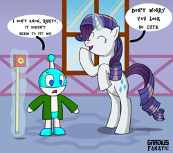 Size: 1514x1336 | Tagged: safe, artist:gradiusfanatic, derpibooru import, rarity, oc, pony, robot, unicorn, aura, female, male, measuring tape