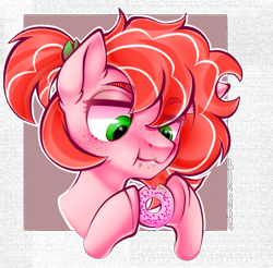 Size: 700x688 | Tagged: safe, artist:silverlove, derpibooru import, oc, oc only, oc:shimmy, oc:strawberry glaze, earth pony, pony, donut, eating, food, munch, solo