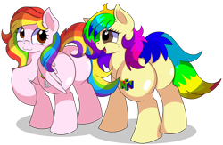 Size: 7800x5100 | Tagged: safe, artist:rainbowtashie, derpibooru import, oc, oc only, oc:candy clumsy, oc:rainbow tashie, earth pony, pegasus, pony, butt, commissioner:bigonionbean, cute, cutie mark, daaaaaaaaaaaw, embarrassed, extra thicc, female, flank, friendship, mare, plot, simple background, transparent background, writer:bigonionbean