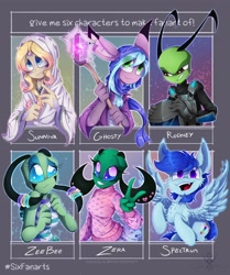 Size: 3350x4000 | Tagged: safe, artist:maliforger894, derpibooru import, oc, oc only, alien, human, pegasus, pony, :d, bust, clothes, crossover, female, invader zim, open mouth, peace sign, pegasus oc, six fanarts, smiling, staff, wings