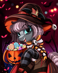 Size: 2550x3209 | Tagged: safe, artist:pridark, derpibooru import, part of a set, oc, oc:raven, alicorn, earth pony, pony, alicorn oc, candy, clothes, commission, female, food, freckles, halloween, hat, high res, holiday, horn, jack-o-lantern, mare, open mouth, pumpkin, pumpkin bucket, socks, solo, striped socks, wings, witch hat, ych result