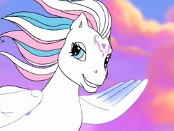 Size: 720x540 | Tagged: safe, derpibooru import, screencap, star catcher, pegasus, pony, dancing in the clouds, g3, female, flying, lidded eyes, looking at you, mare, smiling, solo, windswept mane