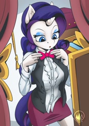 Size: 955x1351 | Tagged: safe, artist:mysticalpha, derpibooru import, rarity, anthro, unicorn, bowtie, clothes, eyeshadow, female, jacket, makeup, skirt, solo