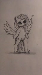 Size: 1152x2048 | Tagged: safe, artist:miokomata, derpibooru import, fluttershy, pegasus, pony, semi-anthro, chest fluff, cute, female, freckles, freckleshy, heart, mare, monochrome, pencil drawing, shyabetes, sketch, solo, traditional art