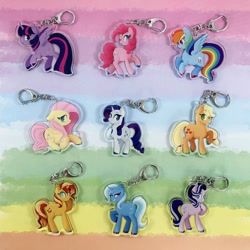 Size: 794x794 | Tagged: safe, artist:fannytastical, derpibooru import, applejack, fluttershy, pinkie pie, rainbow dash, rarity, starlight glimmer, sunset shimmer, trixie, twilight sparkle, twilight sparkle (alicorn), alicorn, earth pony, pegasus, pony, unicorn, keychain, mane six