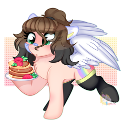 Size: 2316x2288 | Tagged: safe, artist:2pandita, derpibooru import, oc, pegasus, pony, clothes, colored wings, female, food, mare, pancakes, socks, solo, strawberry, wings