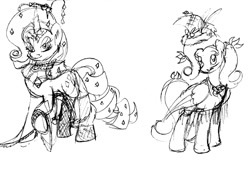 Size: 700x513 | Tagged: safe, artist:emilou1985, derpibooru import, fluttershy, rarity, pegasus, pony, unicorn, clothes, hat, monochrome, sketch, witch hat