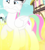 Size: 1510x1687 | Tagged: safe, derpibooru import, screencap, blossomforth, neon lights, rising star, pegasus, pony, unicorn, inspiration manifestation, background pony, blinded, bright, cropped, female, gold, golden road, inspiration manifestation (spell), mare, ponyville, raised hoof, road, shiny, solo focus, squint, street