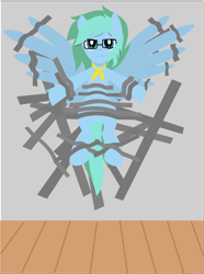Size: 2718x3646 | Tagged: safe, artist:samsailz, derpibooru import, oc, oc:sailz, pegasus, pony, bondage, duct tape, floor, glasses, hanging, looking at you, neckerchief, poker face, spread wings, stuck, tape, tape bondage, taped to the wall, unamused, wall, wings