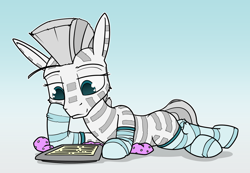 Size: 1400x968 | Tagged: safe, artist:dacaoo, derpibooru import, oc, oc only, zebra, clothes, gradient background, socks, solo, striped socks, tablet, zebra oc