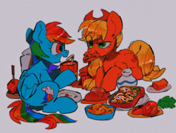 Size: 1200x900 | Tagged: safe, artist:poneko-chan, derpibooru import, applejack, rainbow dash, earth pony, pegasus, pony, duo, eating, food, simple background, sitting